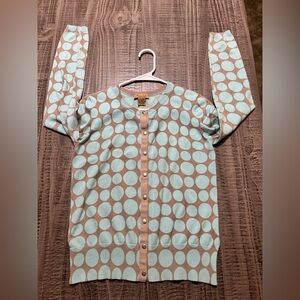 Peck & Peck Light Greenish Blue and Beige Polka Dot Cardigan